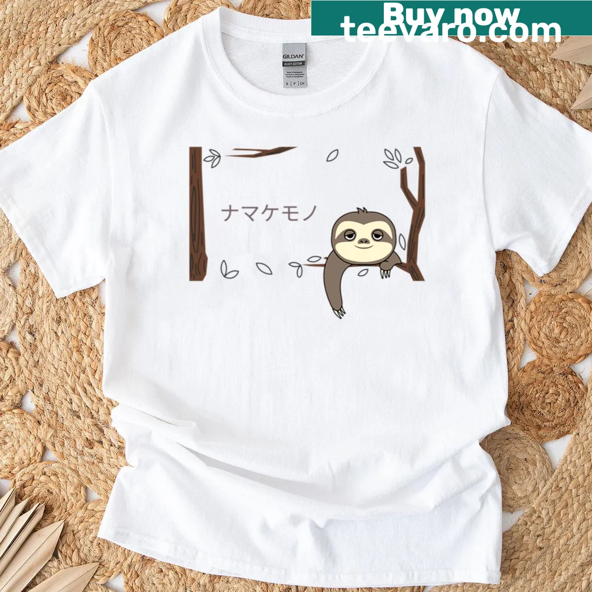 Cute T-shirt featuring a sloth in a tree illustration — on a men's t-shirt
