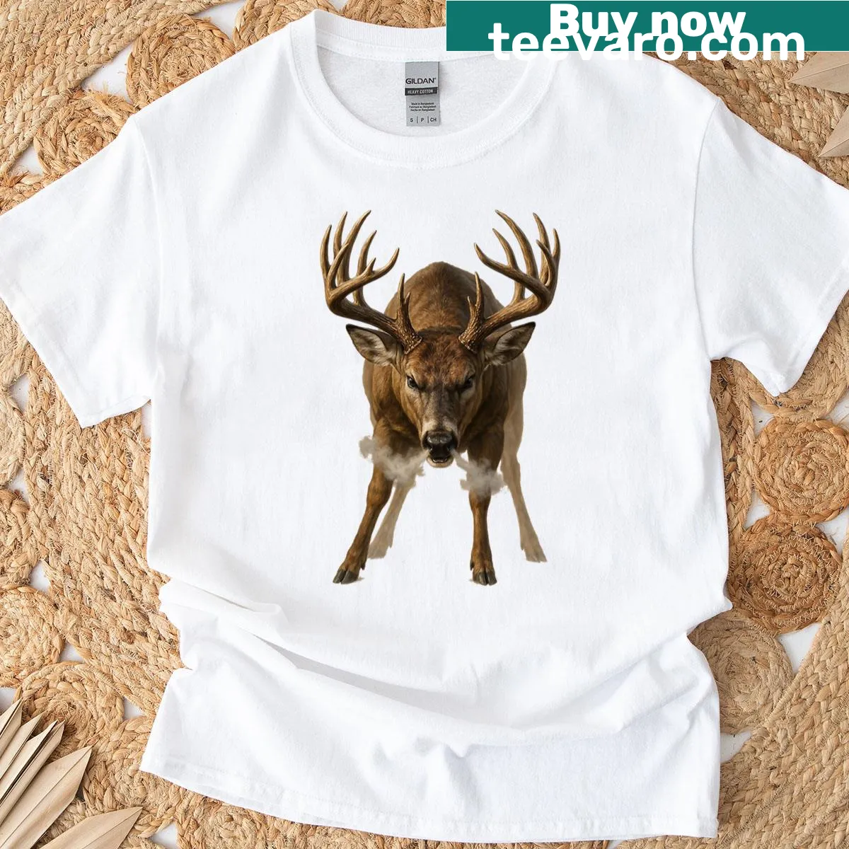 Cartoon angry buck deer design on a humorous t-shirt — on a men's t-shirt