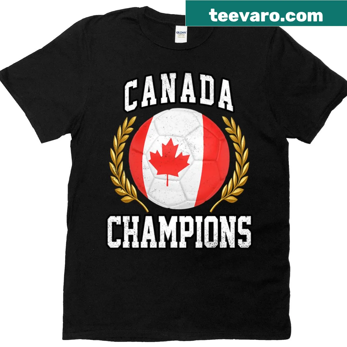 Soccer ball with Canadian flag design for soccer fans — on a men's t-shirt