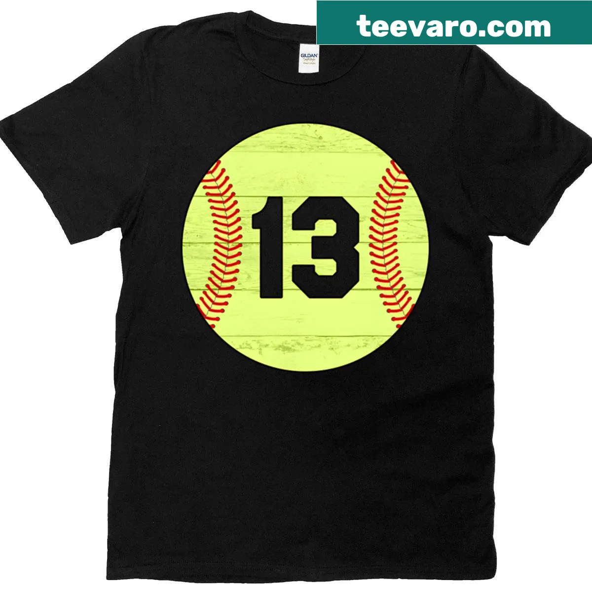 Minimalist T-shirt featuring softball jersey number 13 — on a men's t-shirt
