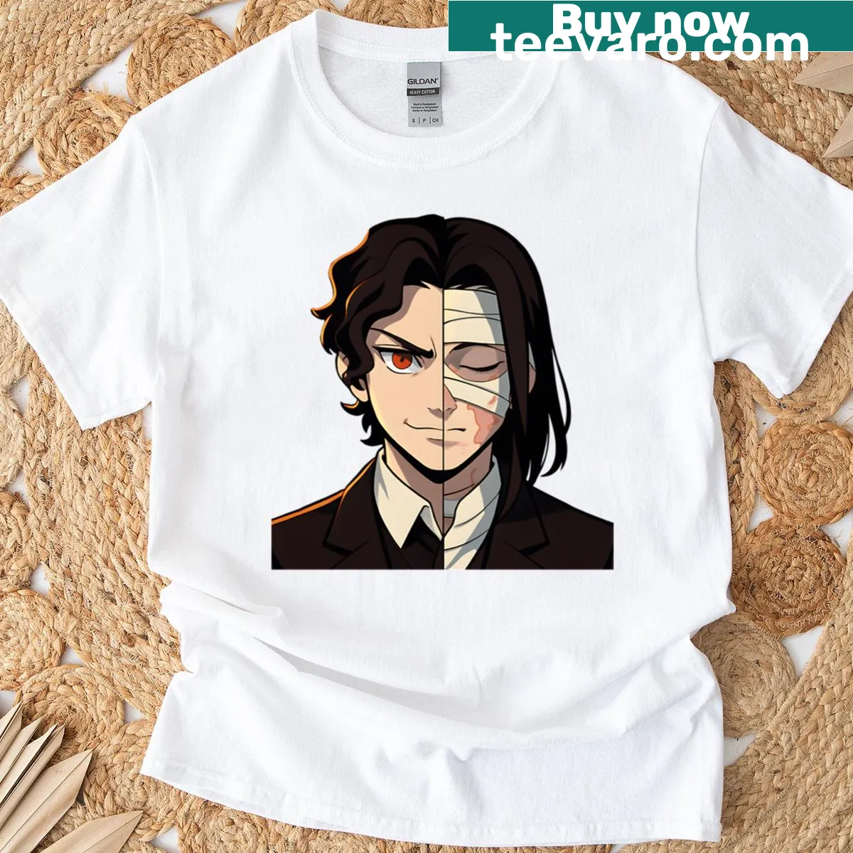 Graphic T-shirt featuring a wounded swordsman in a portrait style — on a men's t-shirt