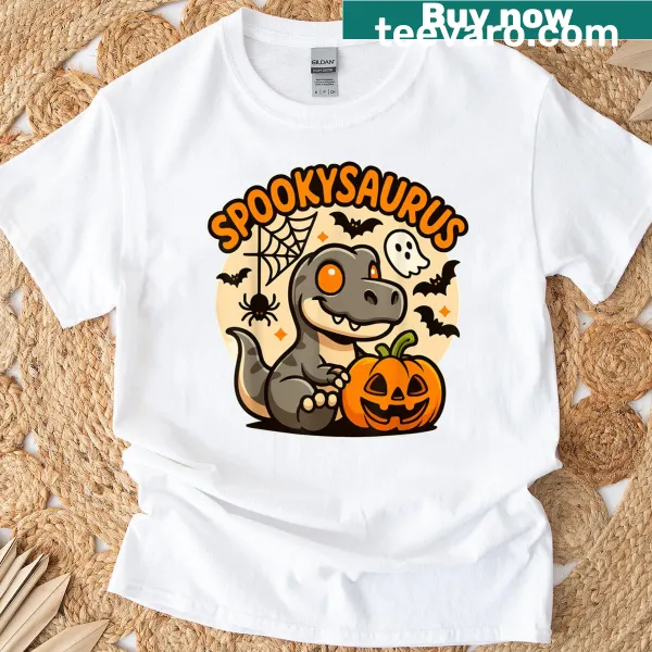 Cartoon dinosaur dressed for Halloween on kids t-shirt