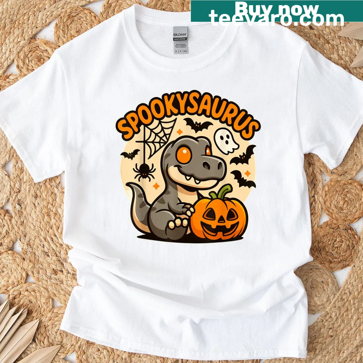 Cartoon dinosaur dressed for Halloween on kids t-shirt — on a men's t-shirt
