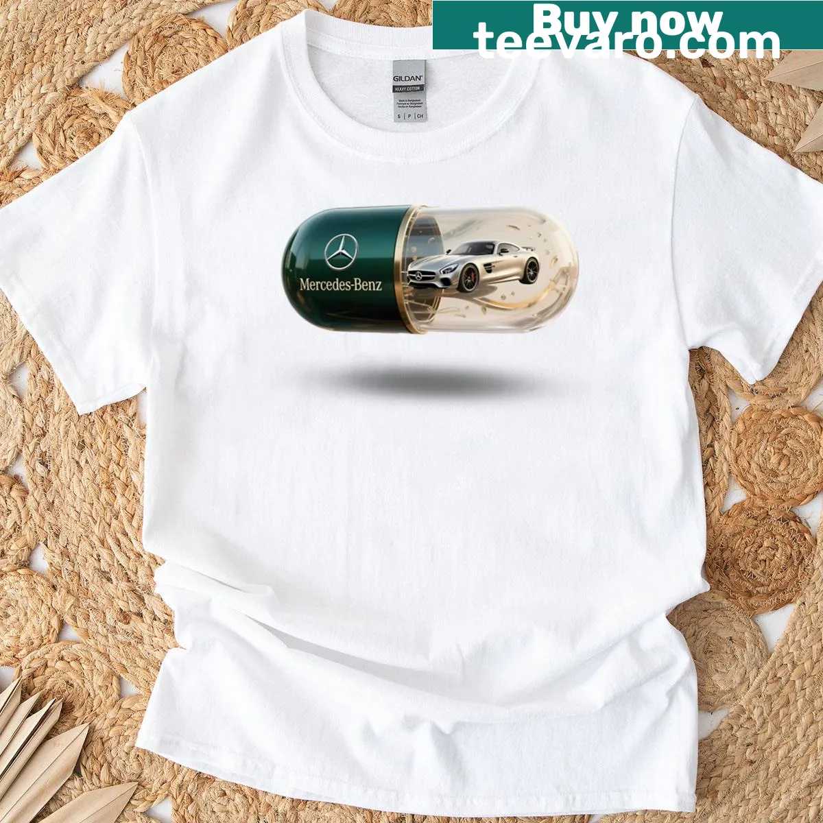 Futuristic t-shirt featuring sports car illustration in a capsule — on a men's t-shirt