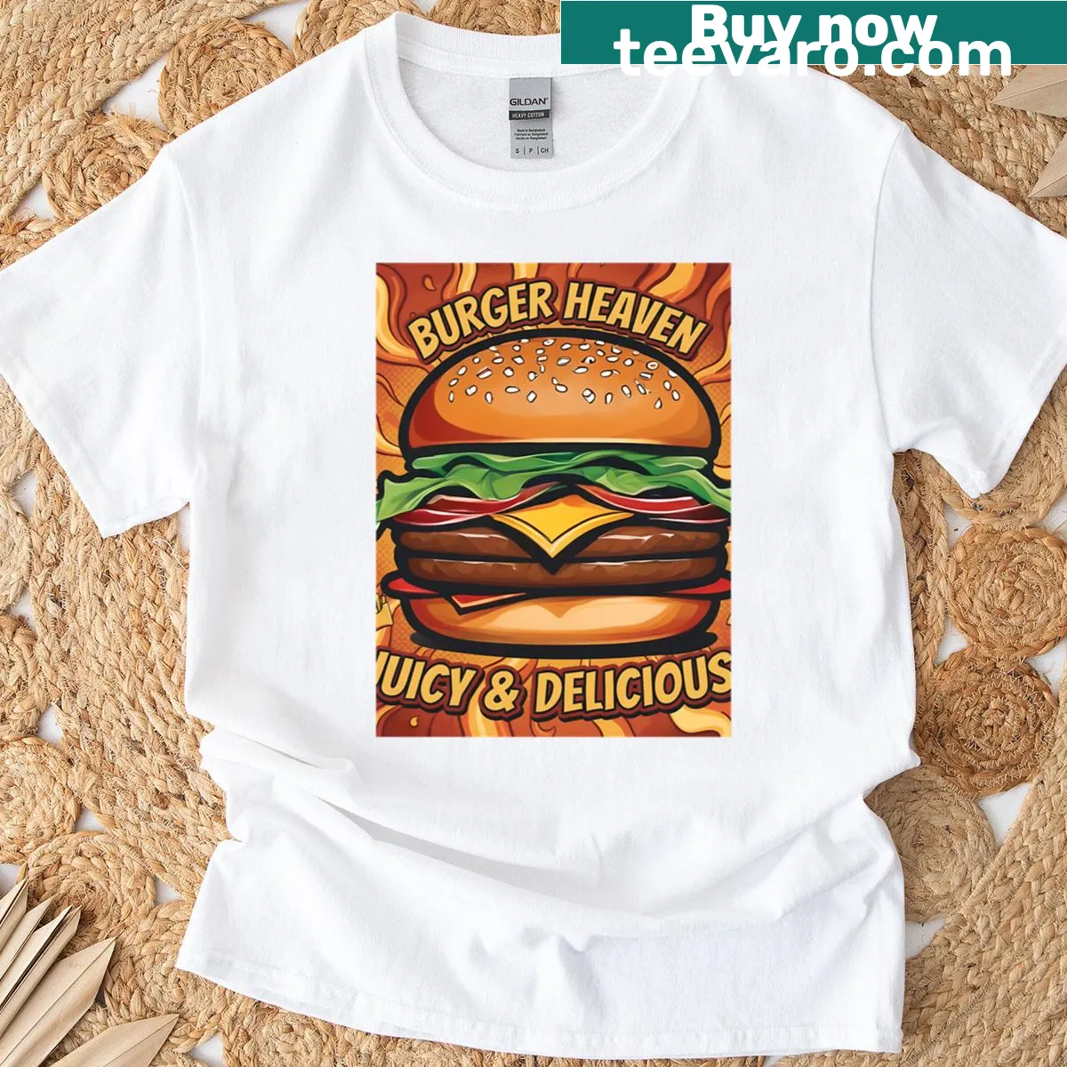 Illustrated t-shirt featuring stacked food items celebrating flavor — on a men's t-shirt