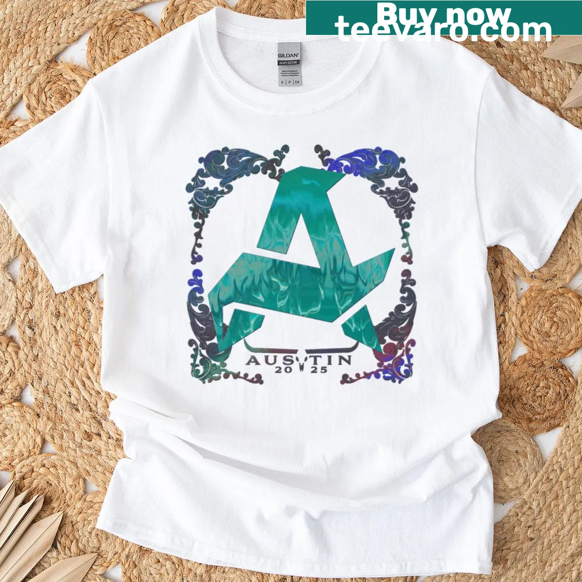 Modern sticker design t-shirt reflecting Austin culture — on a men's t-shirt