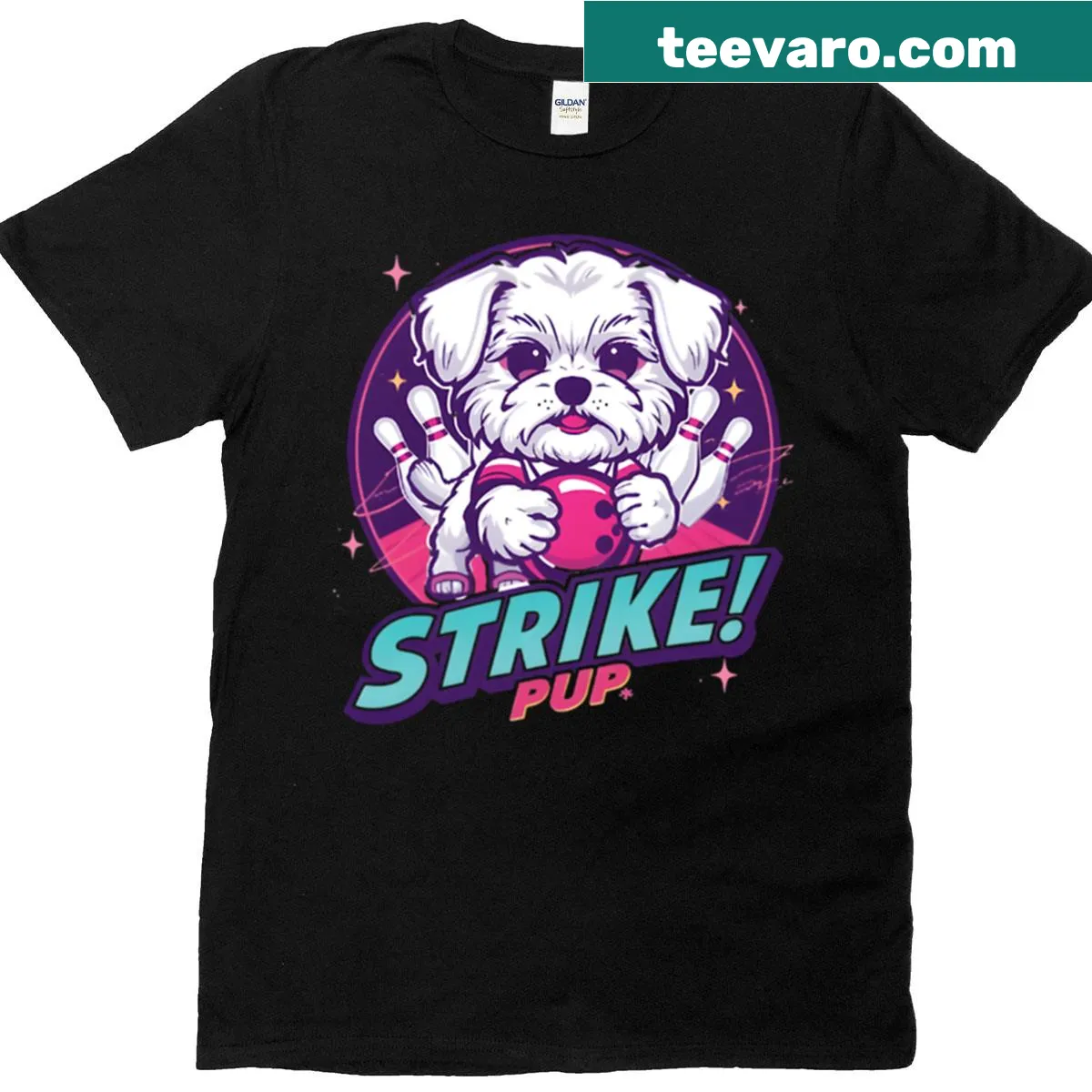 Cute cartoon Havanese dog striking a bowling pin on a T-shirt — on a men's t-shirt