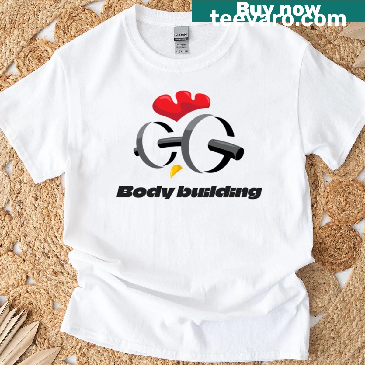 Bold strong rooster logo graphic T-shirt — on a men's t-shirt