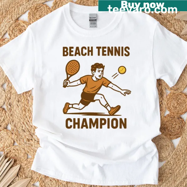 Retro beach tennis emblem graphic on a T-shirt
