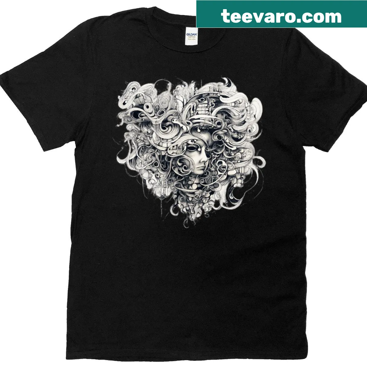 Surreal ink goddess abstract face T-shirt with flowing chaos design — on a men's t-shirt
