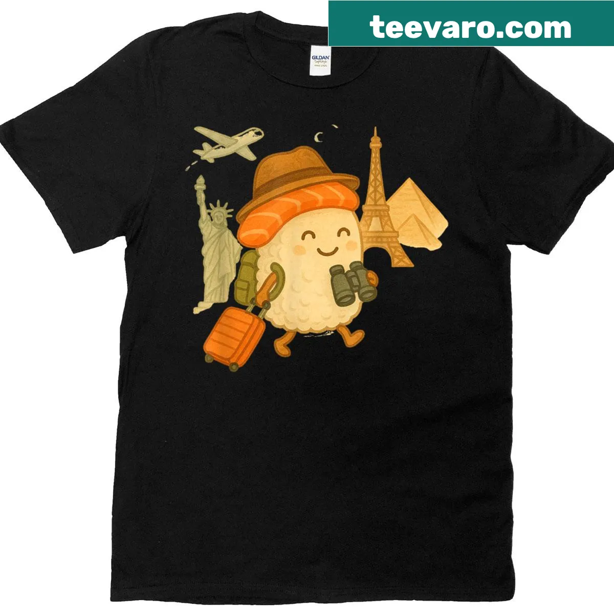 Cartoon sushi salmon roll with a suitcase in a playful design — on a men's t-shirt