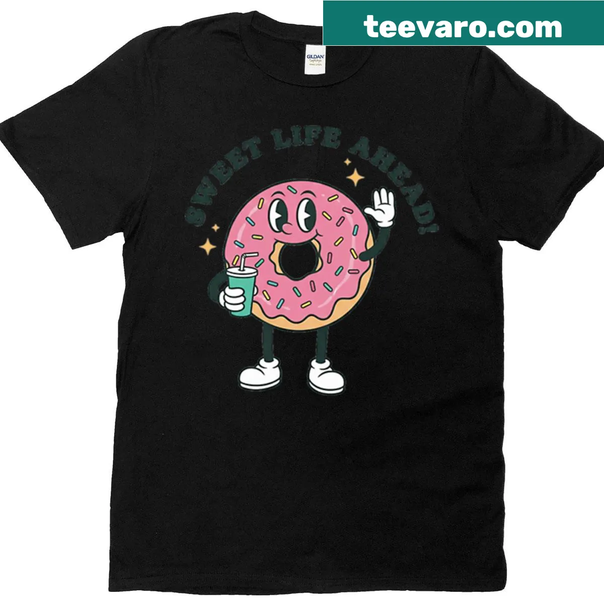 Retro cartoon donut mascot with the phrase 'Sweet Life Ahead' — on a men's t-shirt