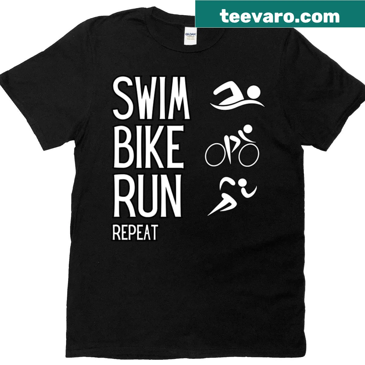 Minimalist design featuring the words Swim Bike Run Repeat — on a men's t-shirt