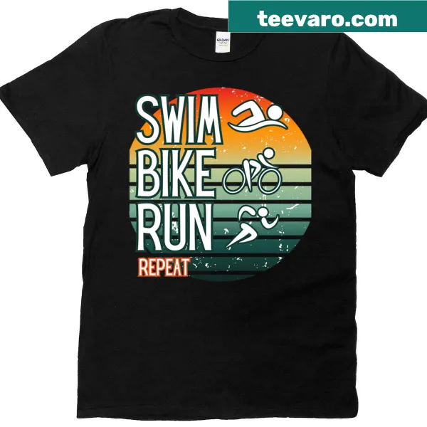 Vintage triathlon T-shirt featuring swim, bike, run graphics with a sunset design.