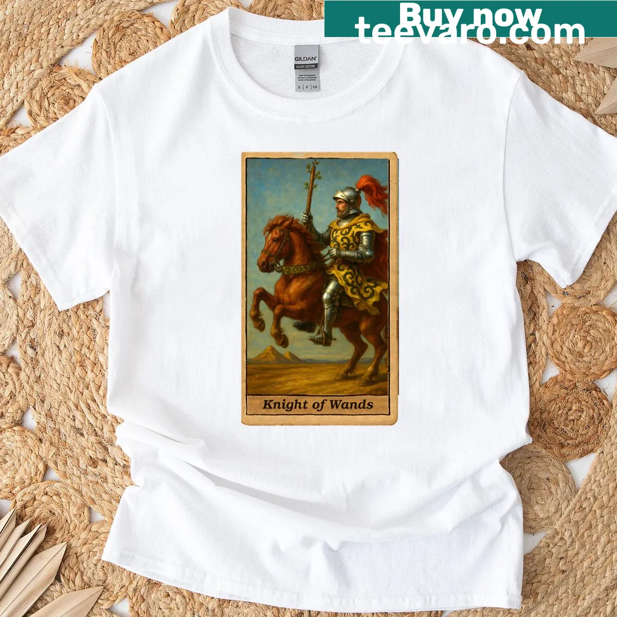 Minimalist silhouette of the Knight of Wands tarot card — on a men's t-shirt