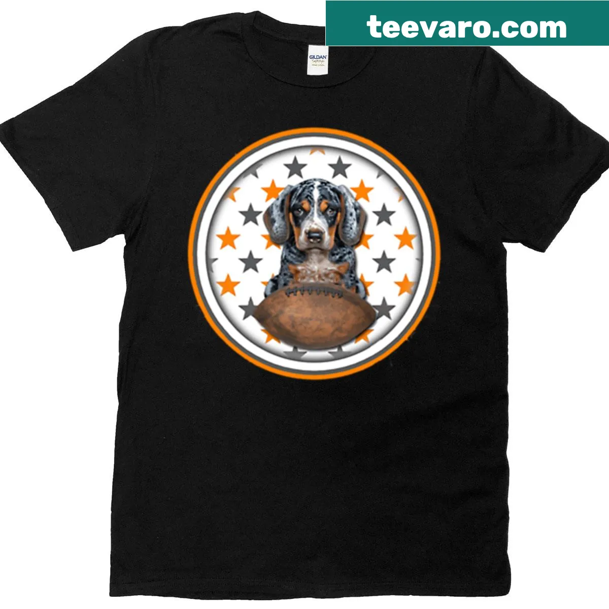 Badge-style logo t-shirt showcasing Tennessee Bluetick Coonhound design — on a men's t-shirt