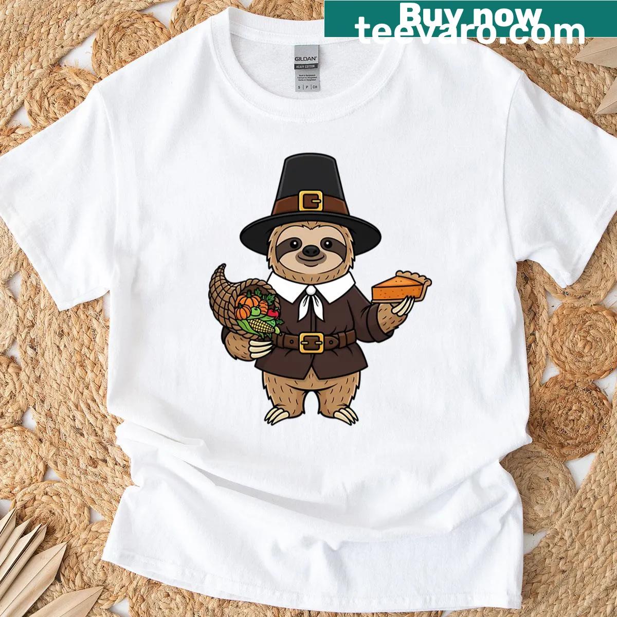 Thanksgiving T-shirt with cartoon sloth and pie — on a men's t-shirt