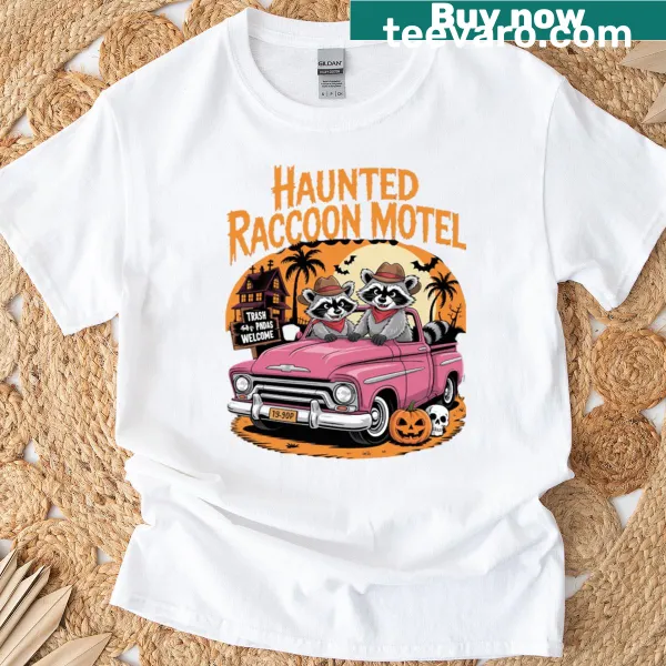 Illustrated Haunted Raccoon Motel design featuring a trash panda