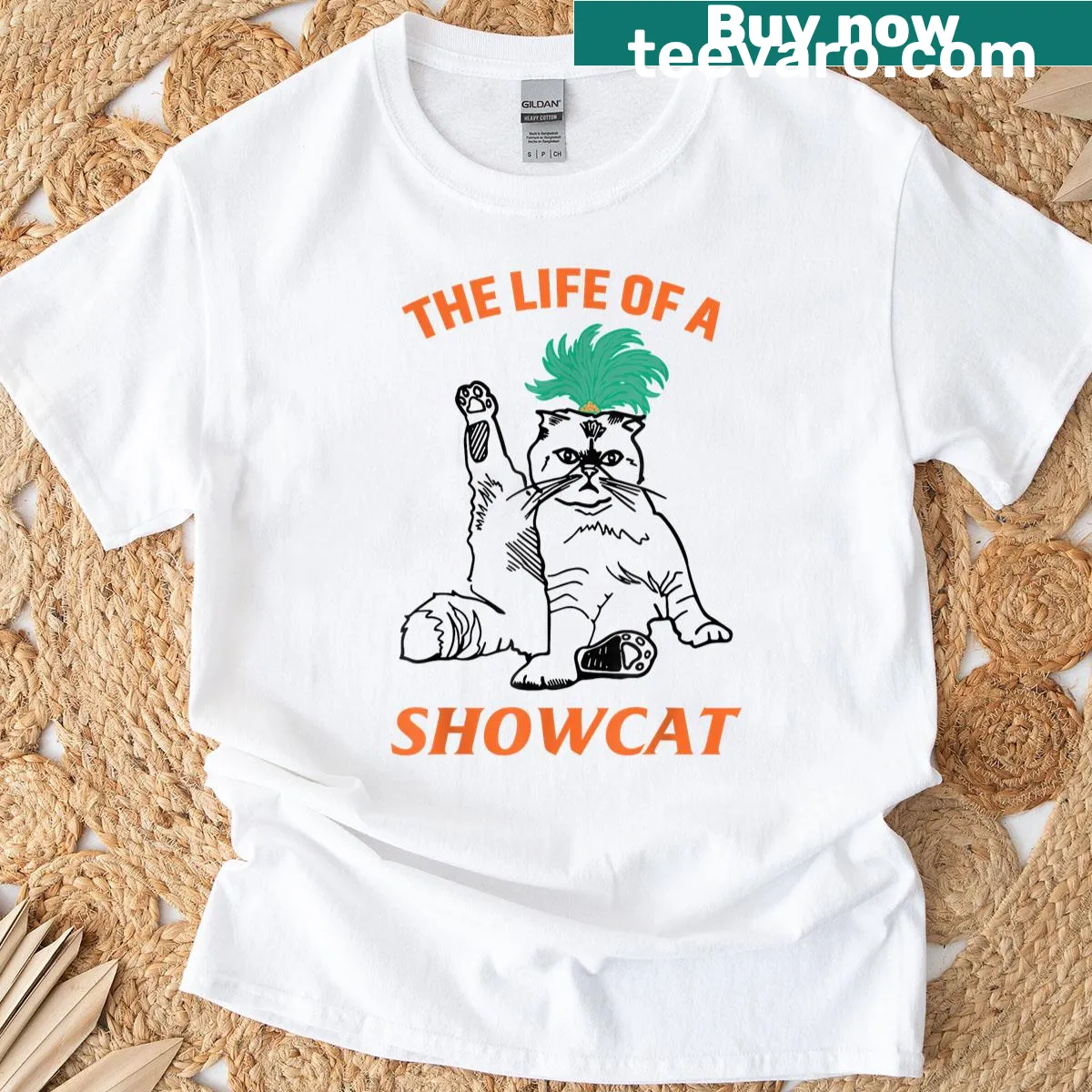 Funny graphic of a cat dressed as a showgirl — on a men's t-shirt