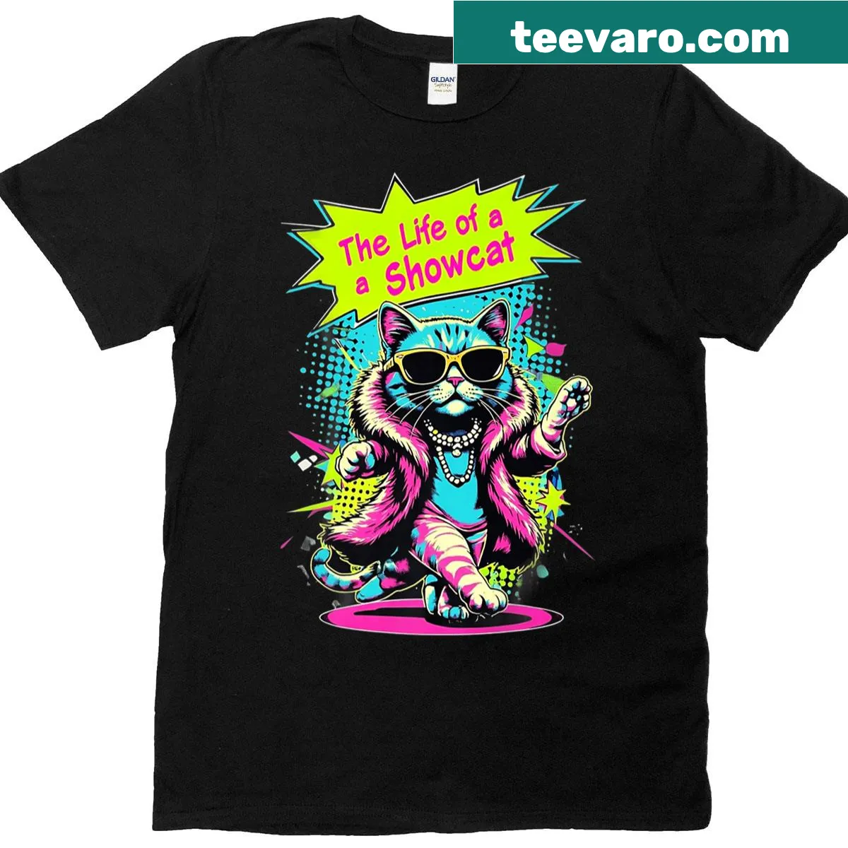 Pop art design featuring a showcat on a T-shirt for cat lovers — on a men's t-shirt