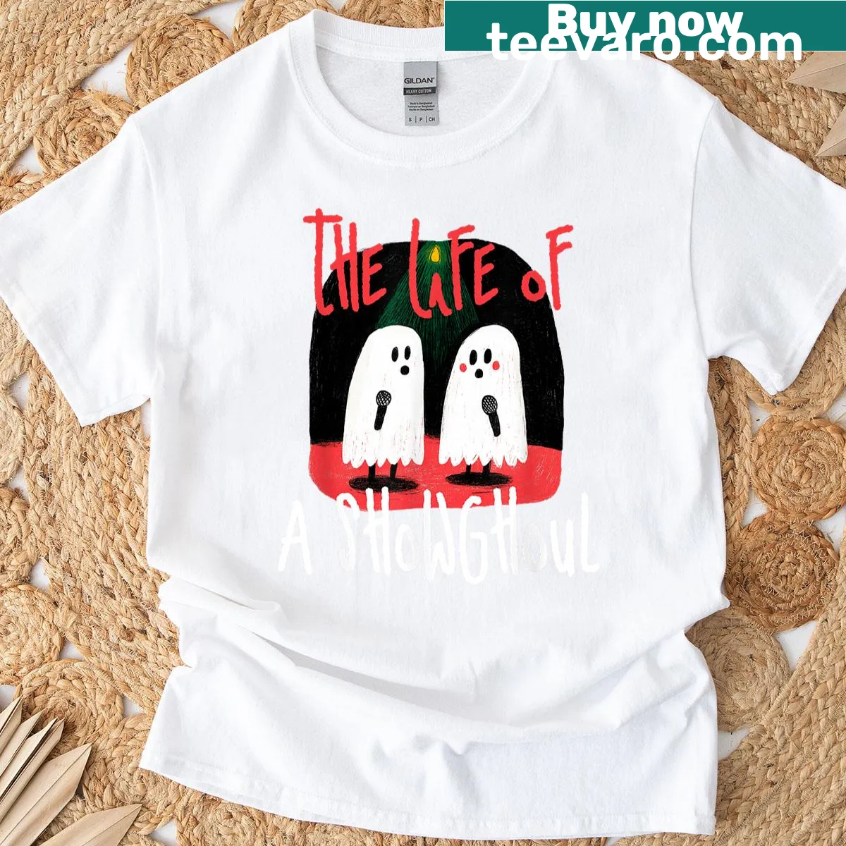 Cartoon sketch of ghosts in a Halloween-themed T-shirt — on a men's t-shirt