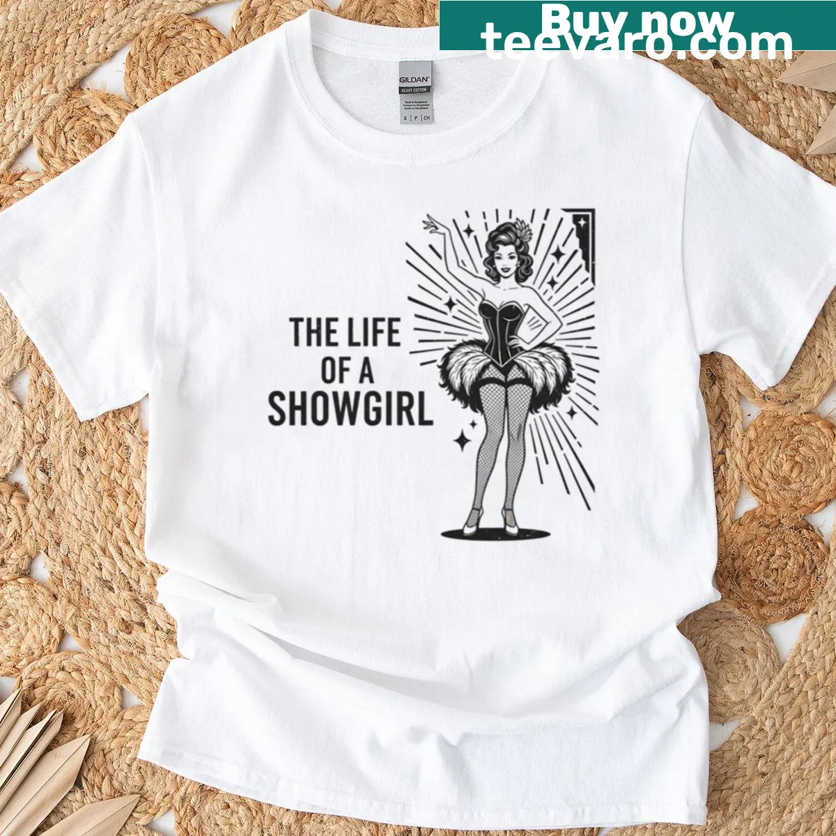 Illustration of a showgirl representing performance art on a T-shirt — on a men's t-shirt