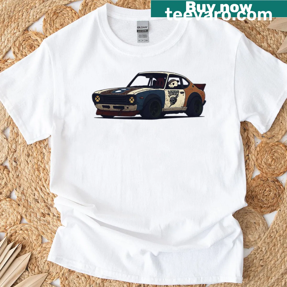 Illustrative T-shirt featuring a classic sports car design — on a men's t-shirt