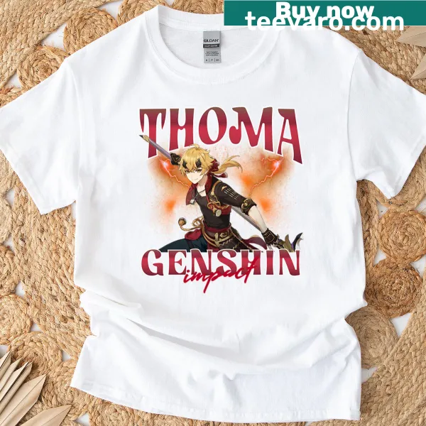 Genshin Impact Thoma character T-shirt featuring fun graphic design