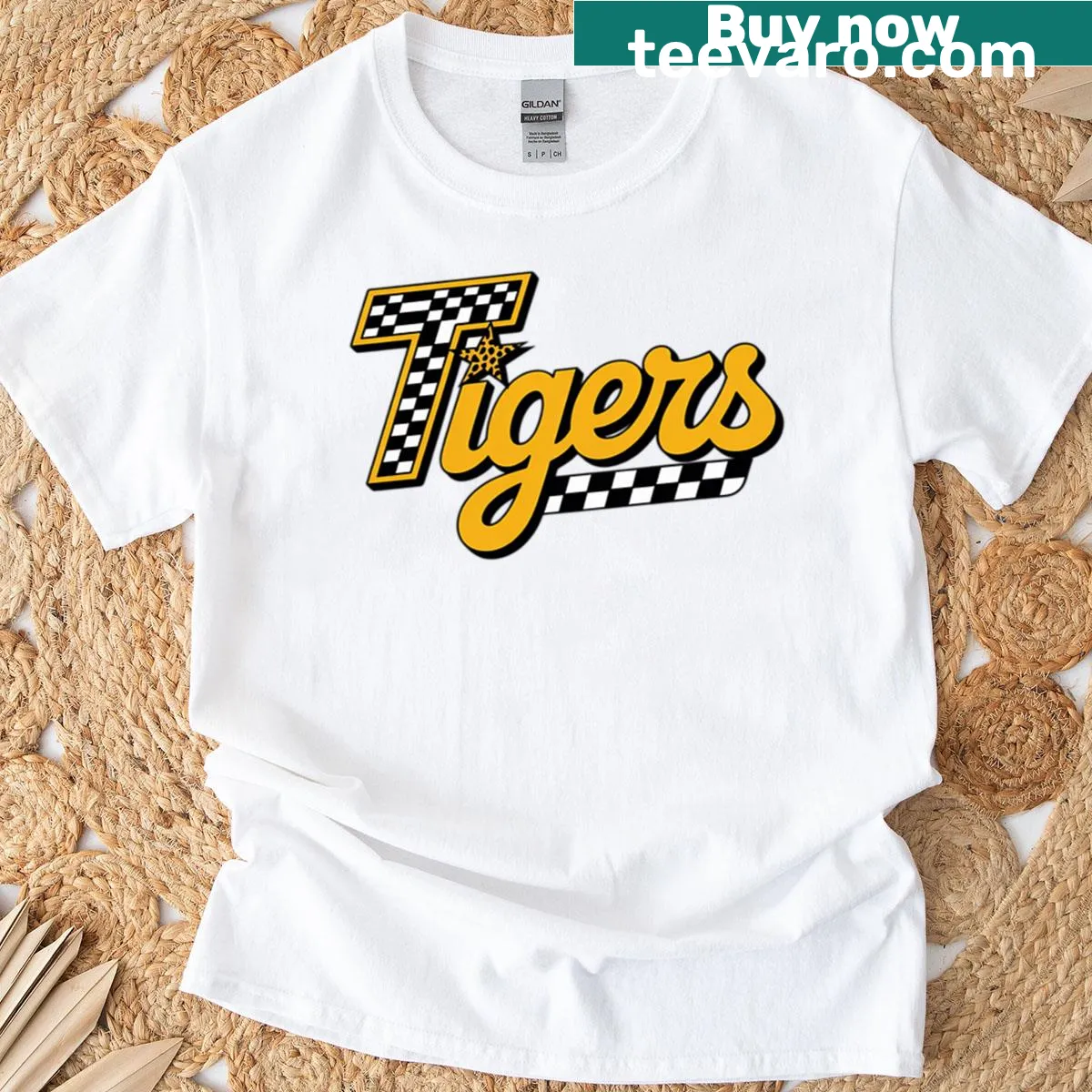 Illustration of a checkered star and letter design for school spirit — on a men's t-shirt