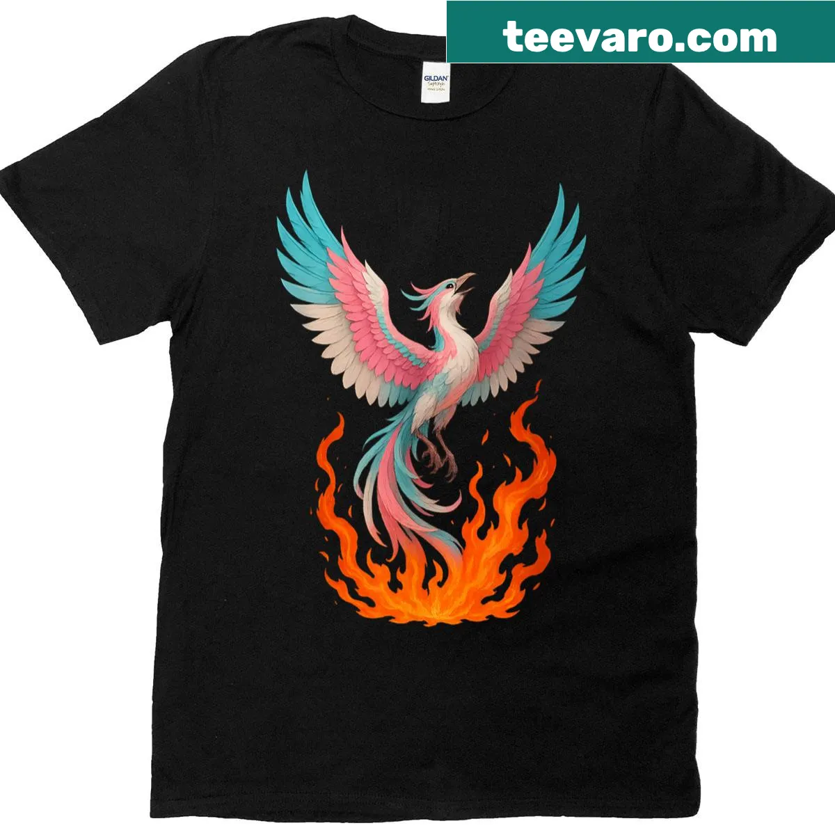 Illustration of a phoenix with the Trans Pride flag on a t-shirt — on a men's t-shirt