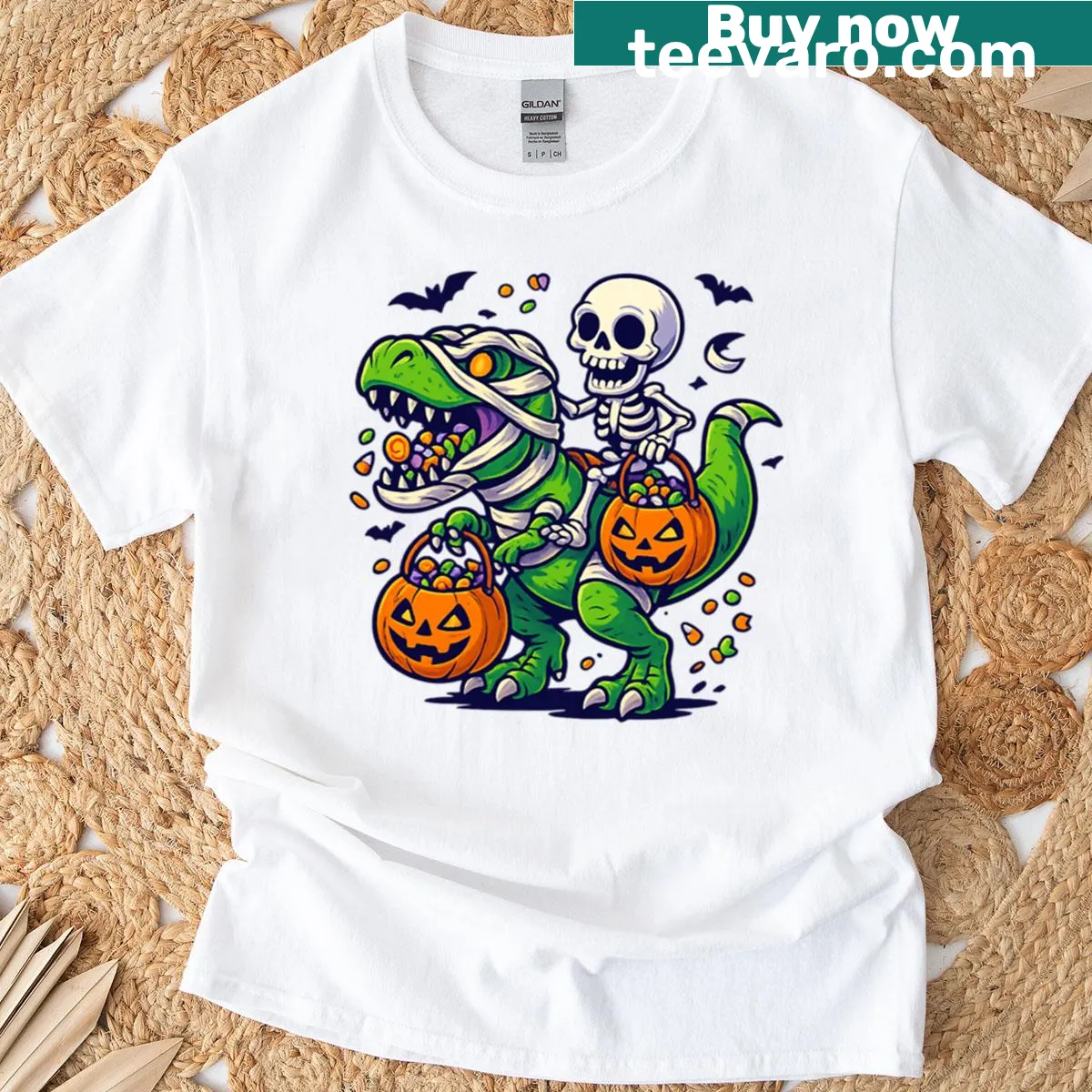 Skeleton riding a mummy T-rex in a Halloween-themed shirt — on a men's t-shirt