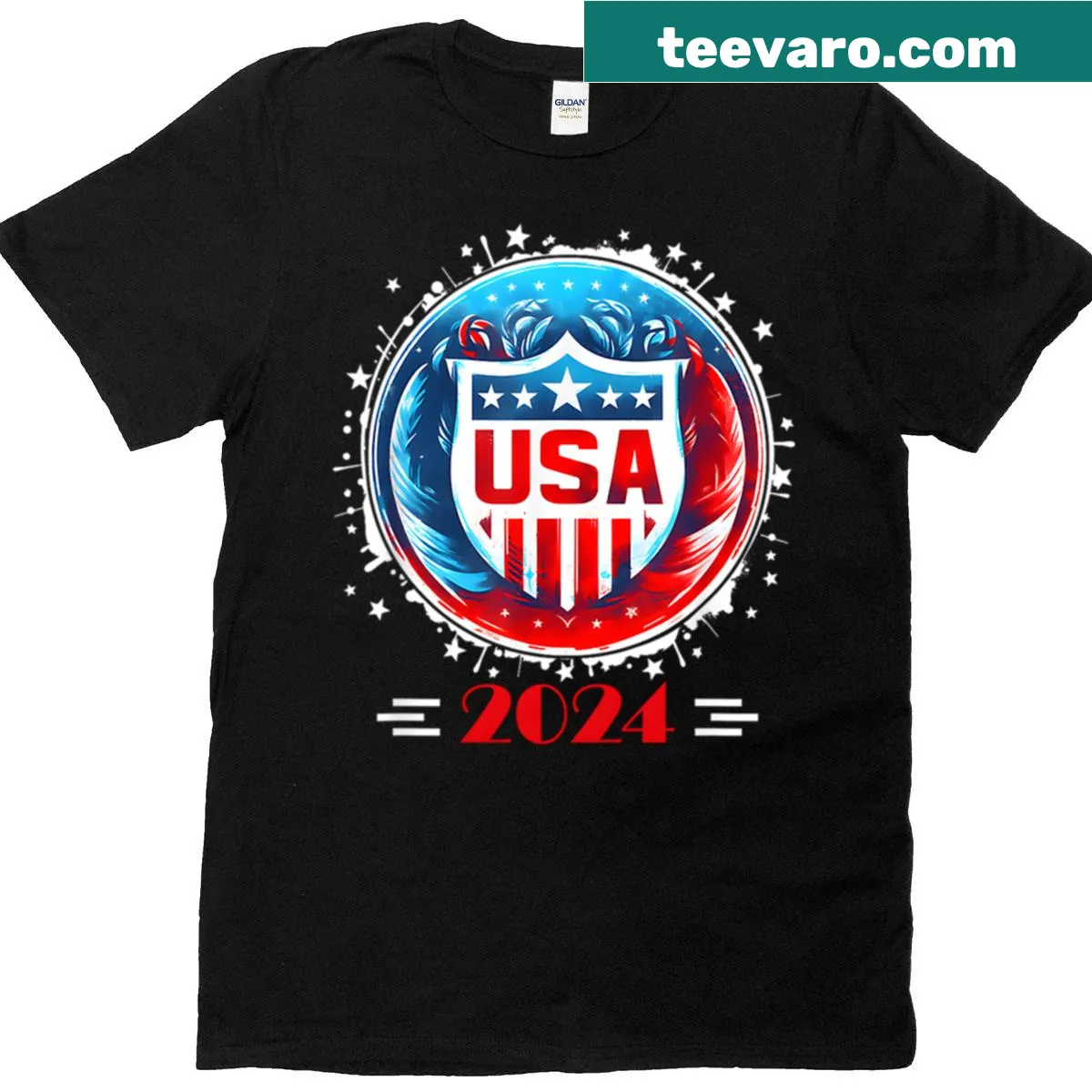 T-shirt featuring 'Usa 2024' text in bold design. — on a men's t-shirt