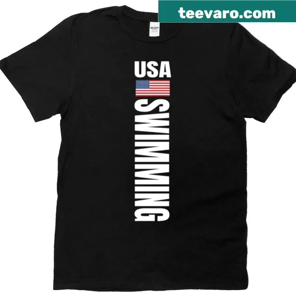 T-shirt featuring an American flag design with swimming elements.