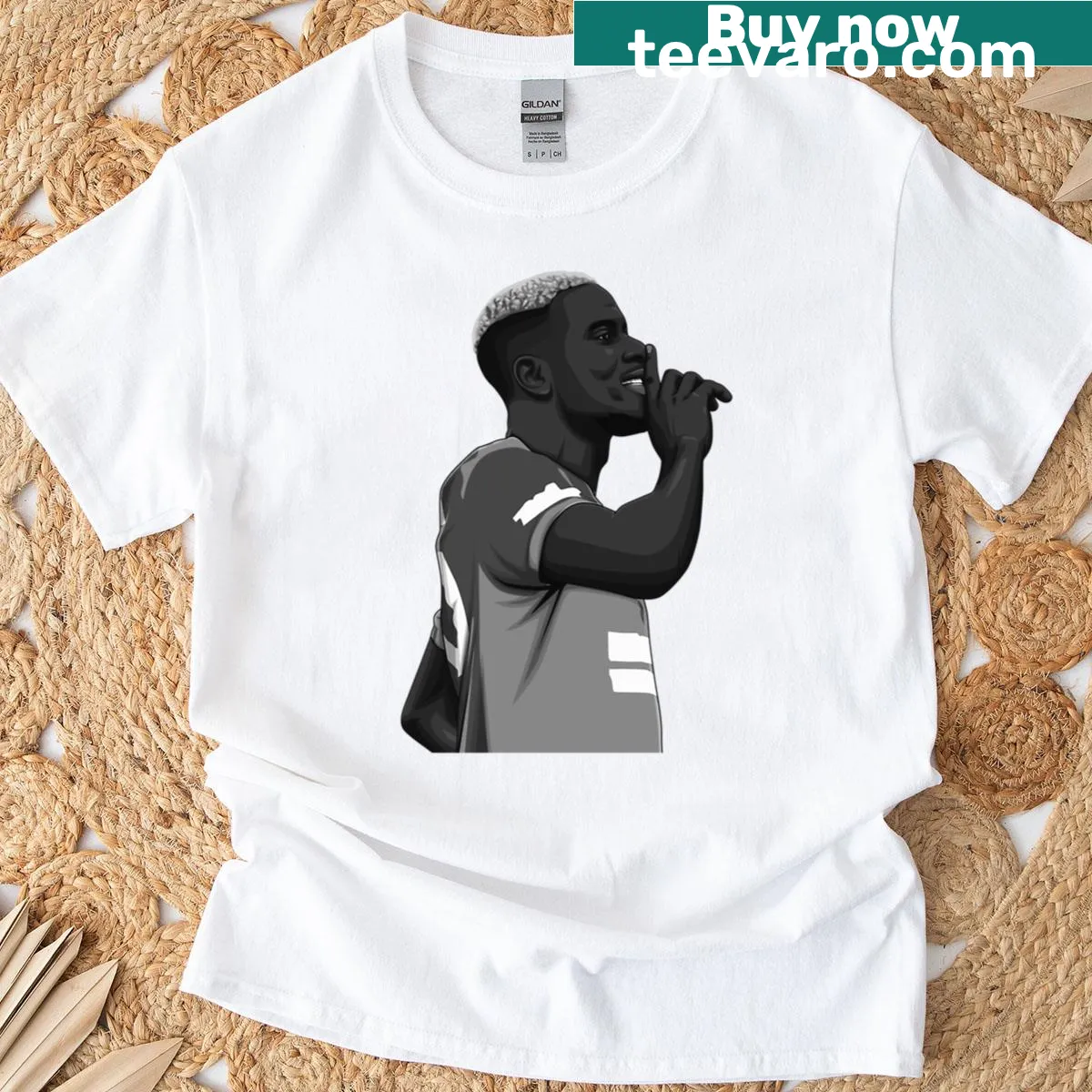 Black and white Victor Osimhen graphic t-shirt — on a men's t-shirt