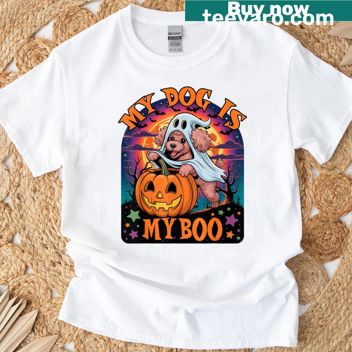 Vintage-style Halloween shirt with a poodle ghost and pumpkins — on a men's t-shirt