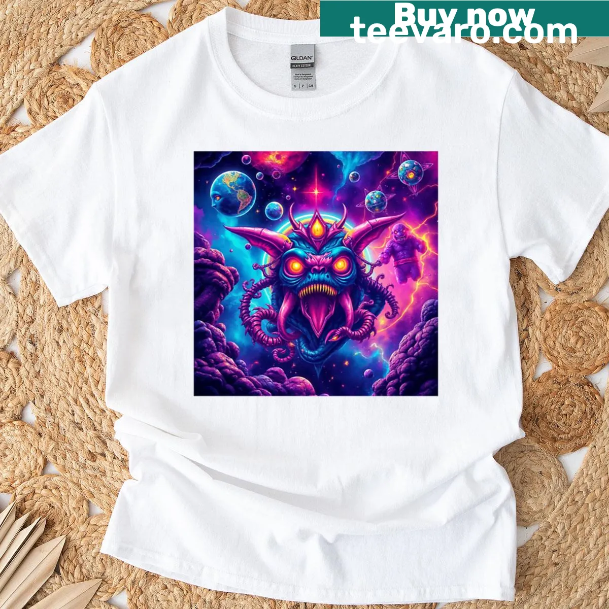 Space Vortex T-shirt featuring a dynamic cosmic graphic — on a men's t-shirt