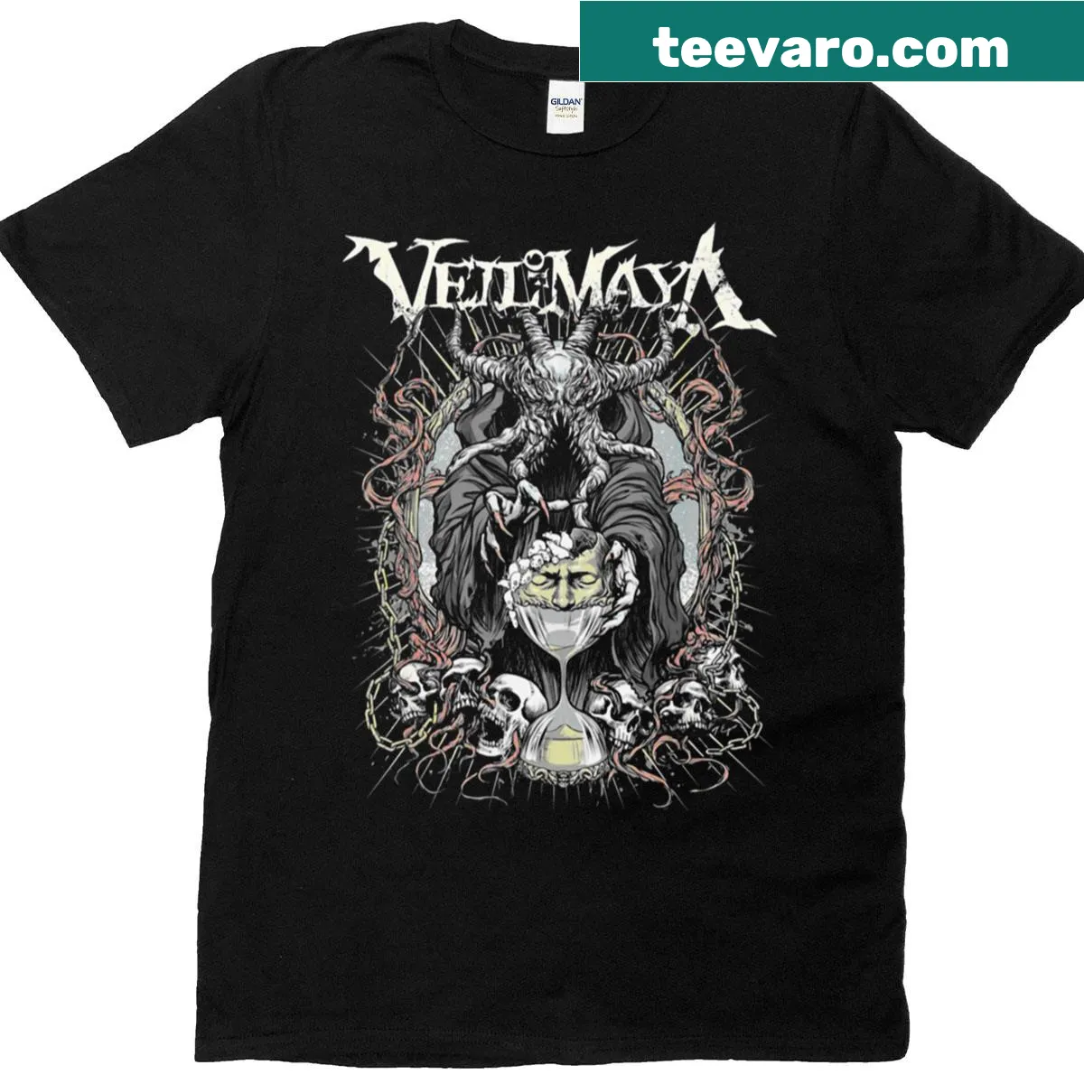Bold graphic tee inspired by the band Veil of Maya, perfect for music fans. — on a men's t-shirt