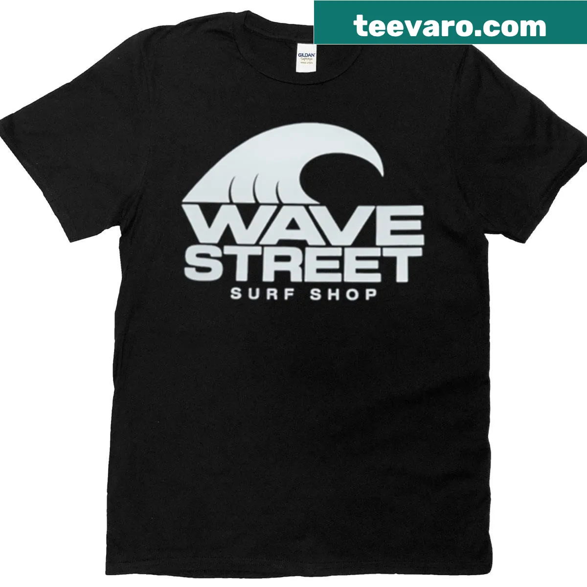 Graphic design representing waves and beach surf culture — on a men's t-shirt