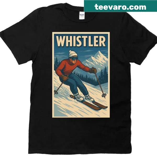Illustrated ski poster design featuring Whistler ski resort scenery.