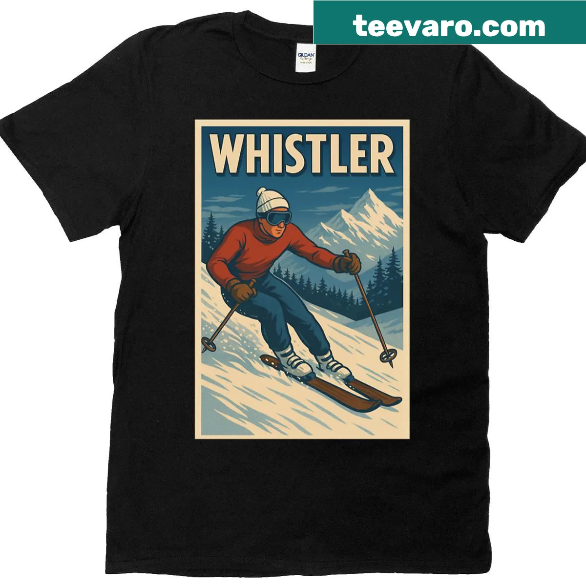 Illustrated ski poster design featuring Whistler ski resort scenery. — on a men's t-shirt