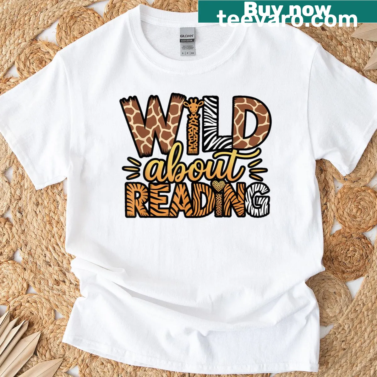 Safari animal print graphic T-shirt promoting reading — on a men's t-shirt