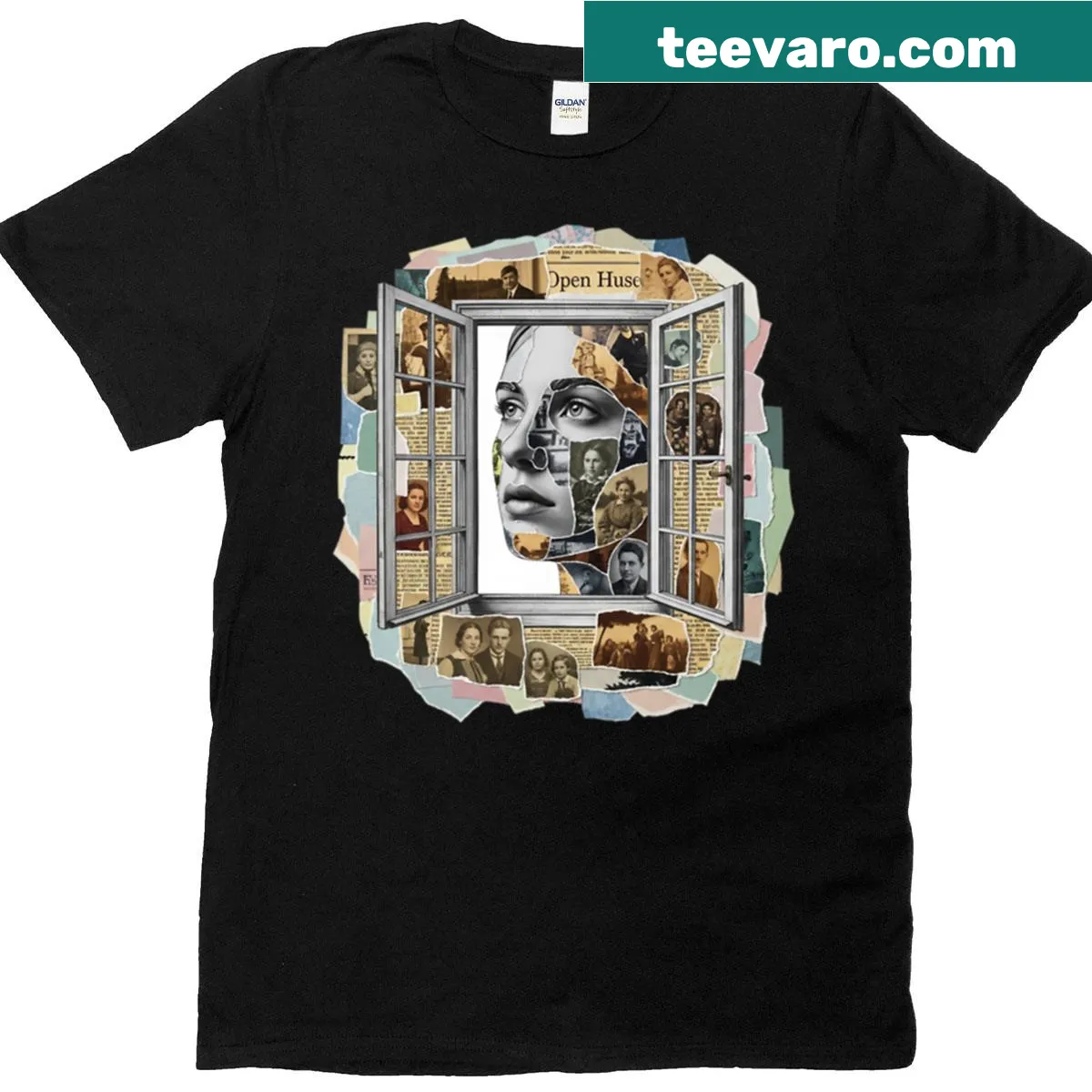 Collage T-shirt representing a 'Window of Memories' with nostalgic elements — on a men's t-shirt
