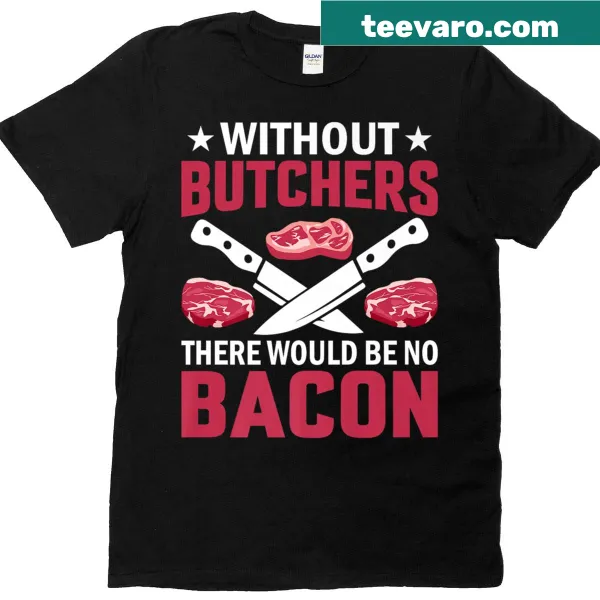Vintage-style T-shirt celebrating butchers with a bacon-themed graphic.