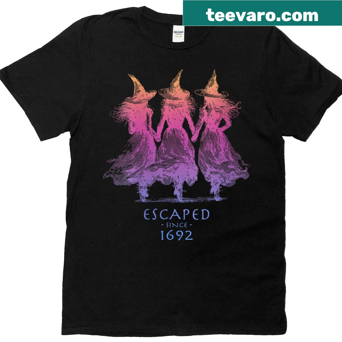 Funny witch graphic with 'Escaped Since 1692' on T-shirt — on a men's t-shirt