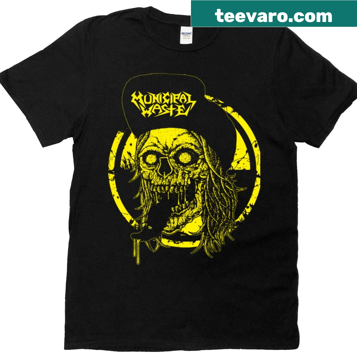 Skull silhouette graphic in yellow on T-shirt — on a men's t-shirt