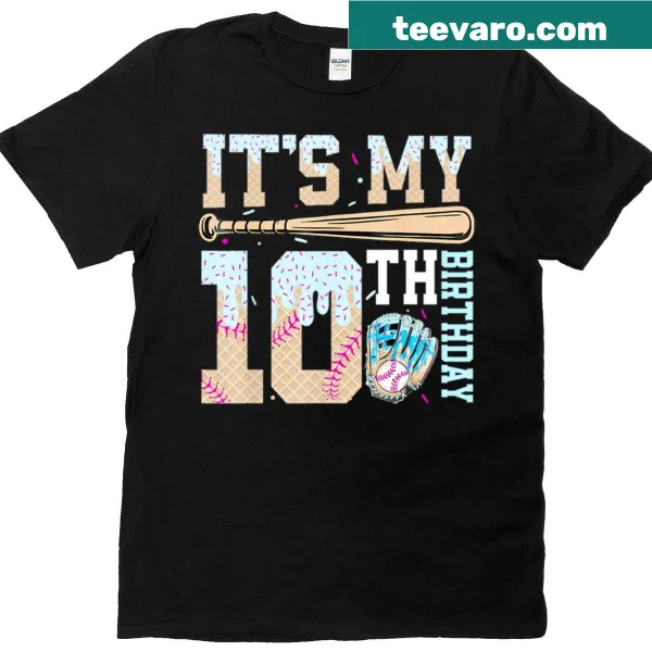 Birthday t-shirt for 10-year-old featuring baseball and ice cream