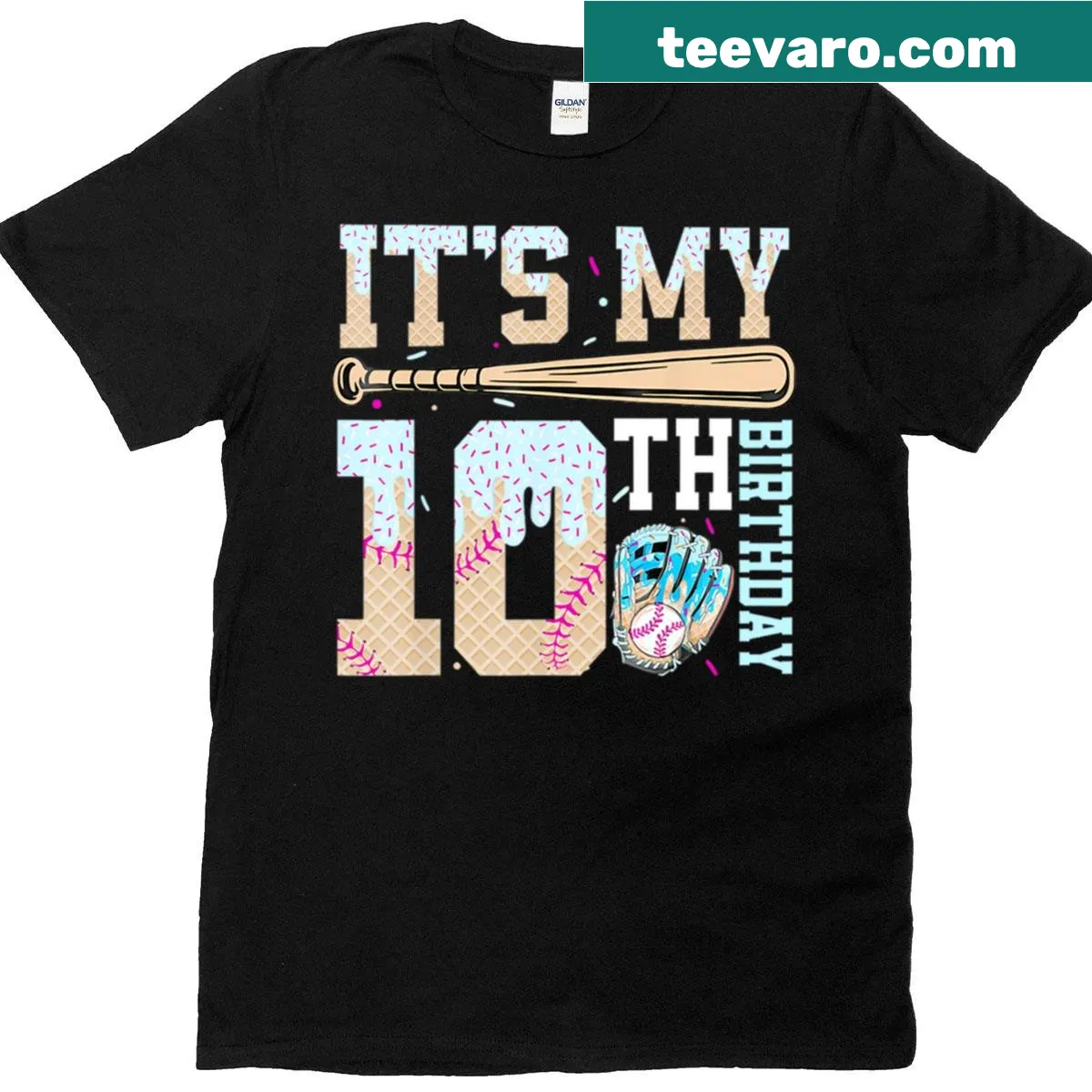 Birthday t-shirt for 10-year-old featuring baseball and ice cream — on a men's t-shirt