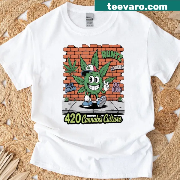 420 cannabis-themed t-shirt featuring popular strains illustration