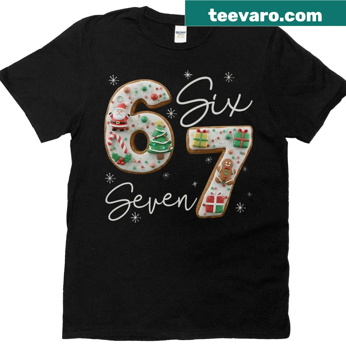Holiday t-shirt featuring humorous meme slang and number 67 — on a men's t-shirt