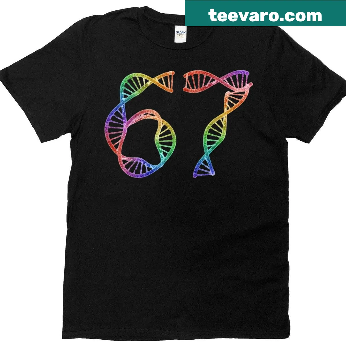 Funny DNA replication meme t-shirt featuring the number 67 — on a men's t-shirt